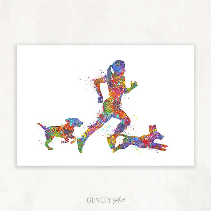 Female Runner with Pet Dogs Watercolour Print