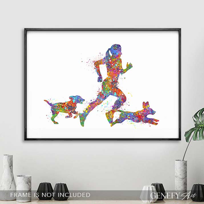 Female Runner with Pet Dogs Watercolour Print