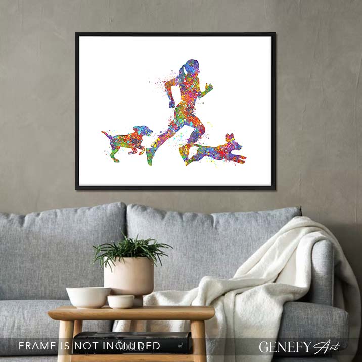 Female Runner with Pet Dogs Watercolour Print