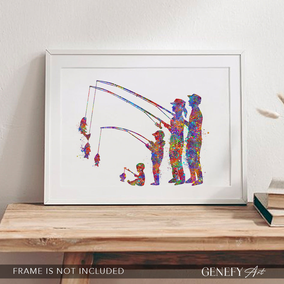 Fishing Family of 4 Watercolour Art Print