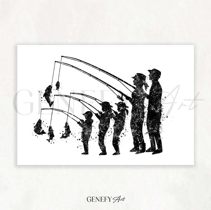 Fishing Family of 5 Black and White Watercolour Print