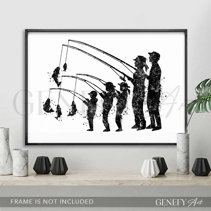 Fishing Family of 5 Black and White Watercolour Print