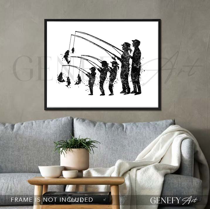 Fishing Family of 5 Black and White Watercolour Print