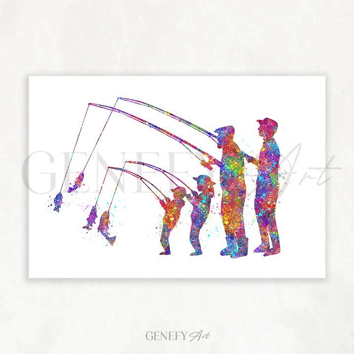 Grandfather Fishing With Son And Grandkids Watercolour Print