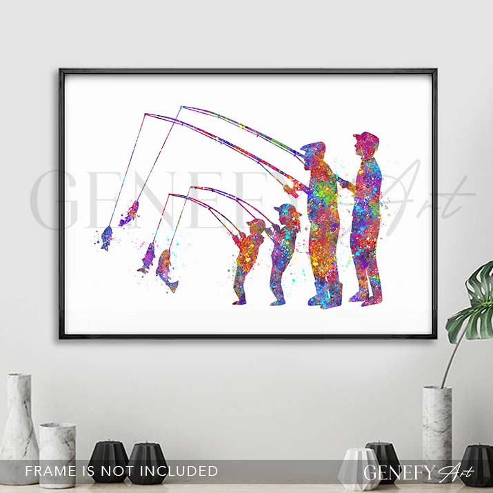 Grandfather Fishing With Son And Grandkids Watercolour Print