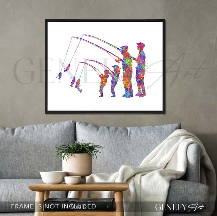 Grandfather Fishing With Son And Grandkids Watercolour Print