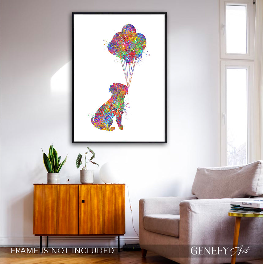 French Bulldog with Balloons Watercolour Print