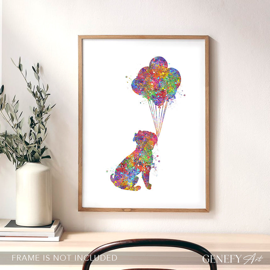 French Bulldog with Balloons Watercolour Print