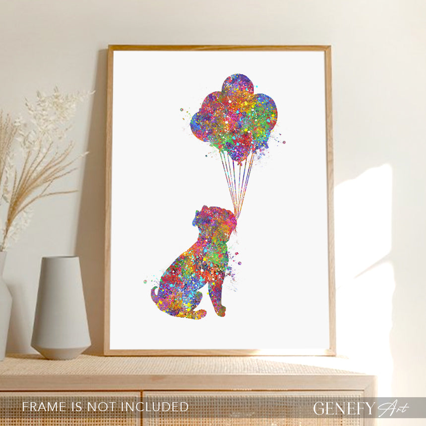 French Bulldog with Balloons Watercolour Print