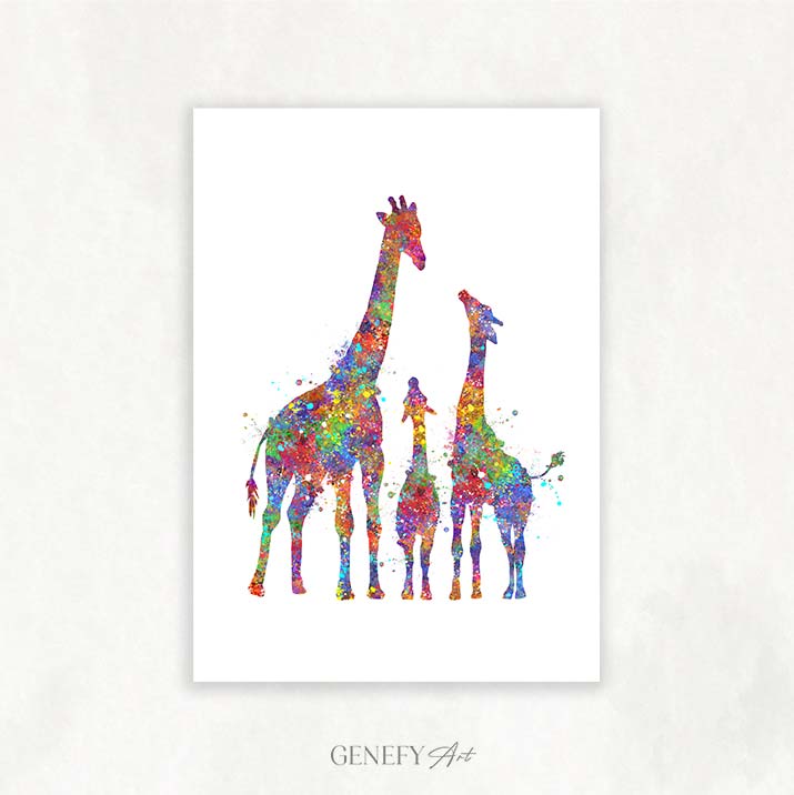 Giraffe Family of 3 Watercolour Art