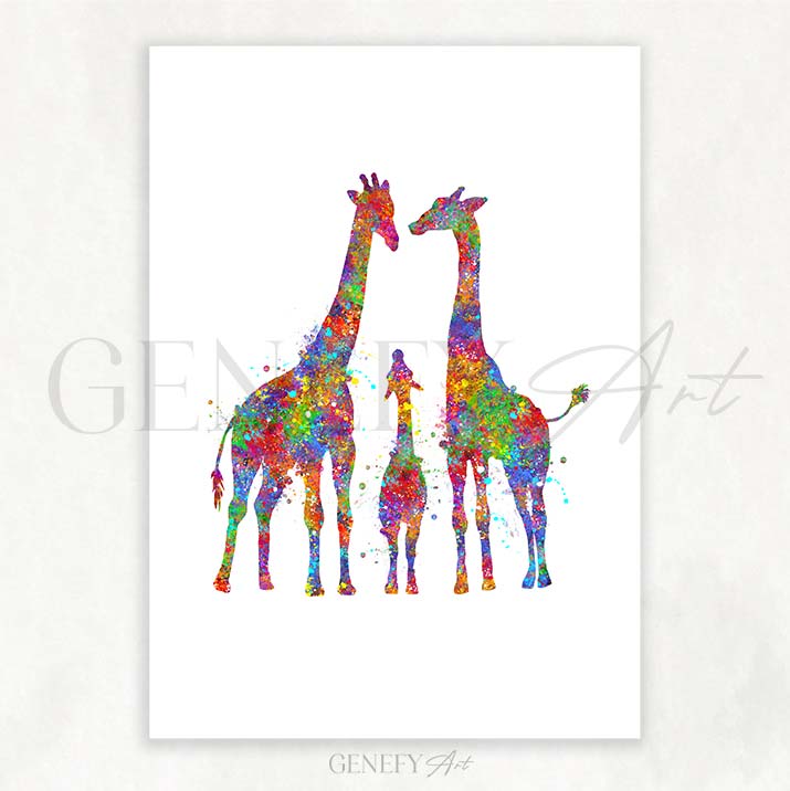 Giraffe Family of 3 Watercolour Art