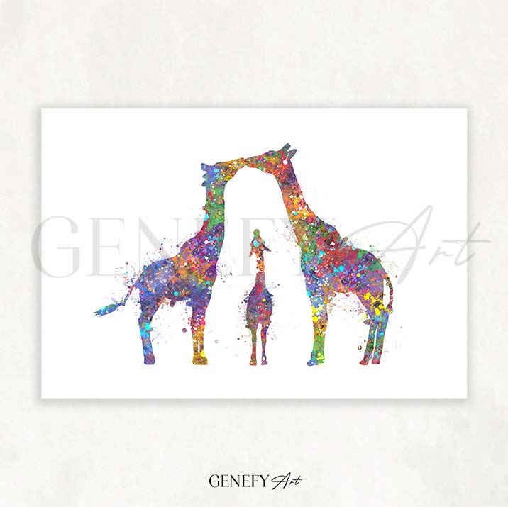 Giraffe Family of 3 Watercolour Art