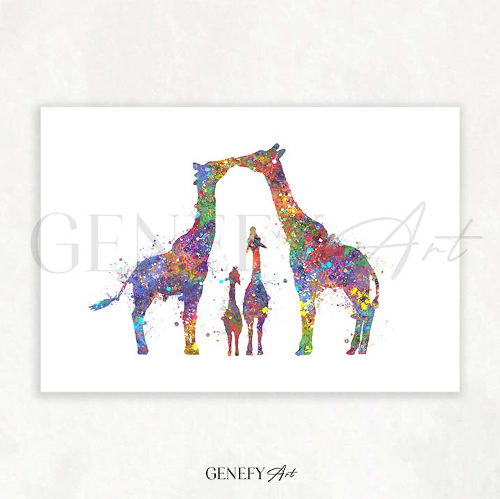 Giraffe Family of 4 Watercolour Art