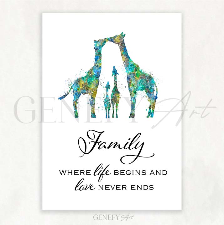 Giraffe Family of 4 Watercolour Art
