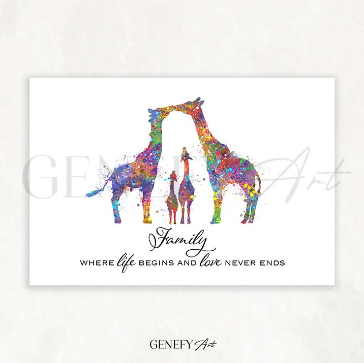 Giraffe Family of 4 Watercolour Art