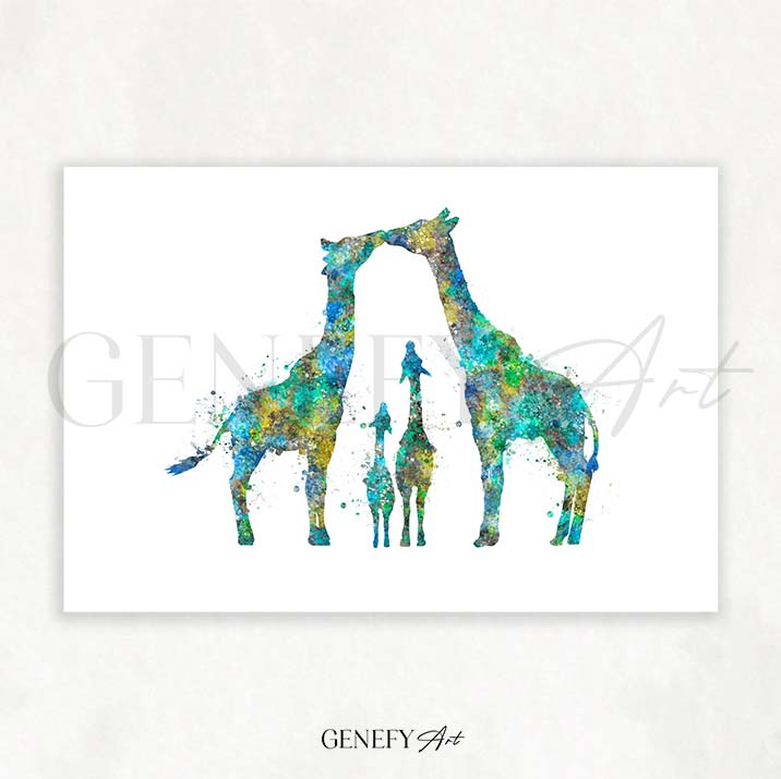 Giraffe Family of 4 Watercolour Art