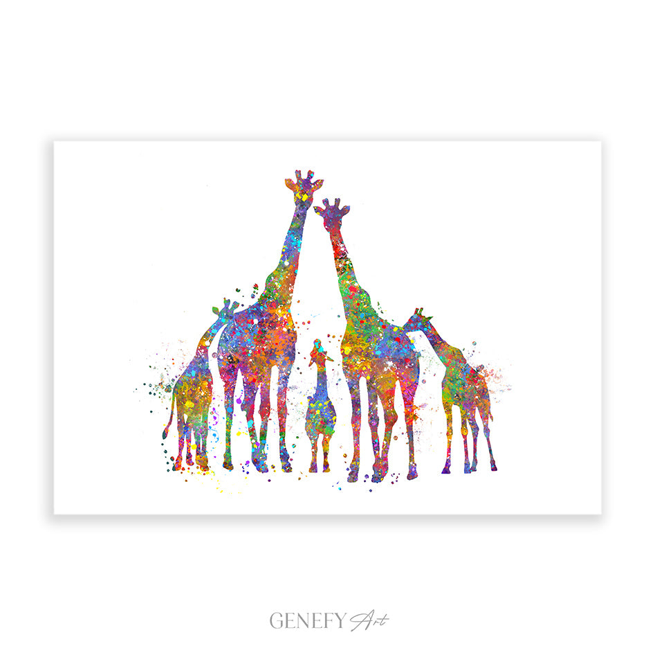 Giraffe Family of 6 Watercolour Art