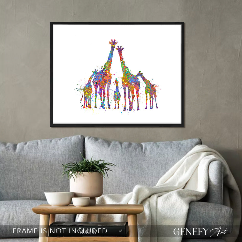 Giraffe Family of 6 Watercolour Art