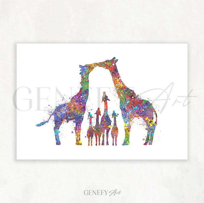 Giraffe Family of 6 Watercolour Art