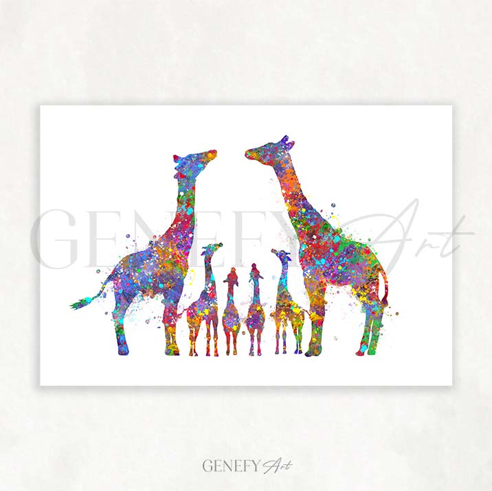 Giraffe Family of 6 Watercolour Art