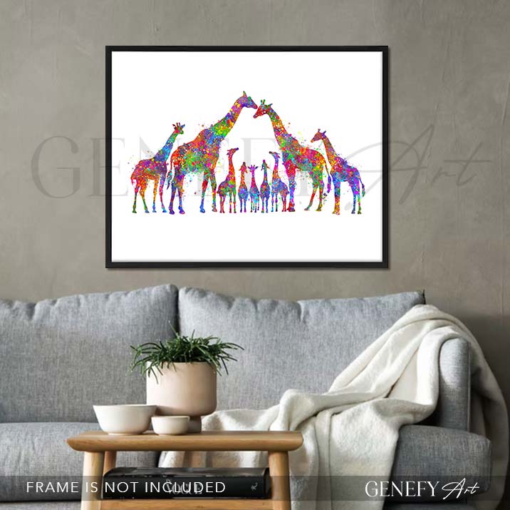 Giraffe Family of 9 Watercolour Art