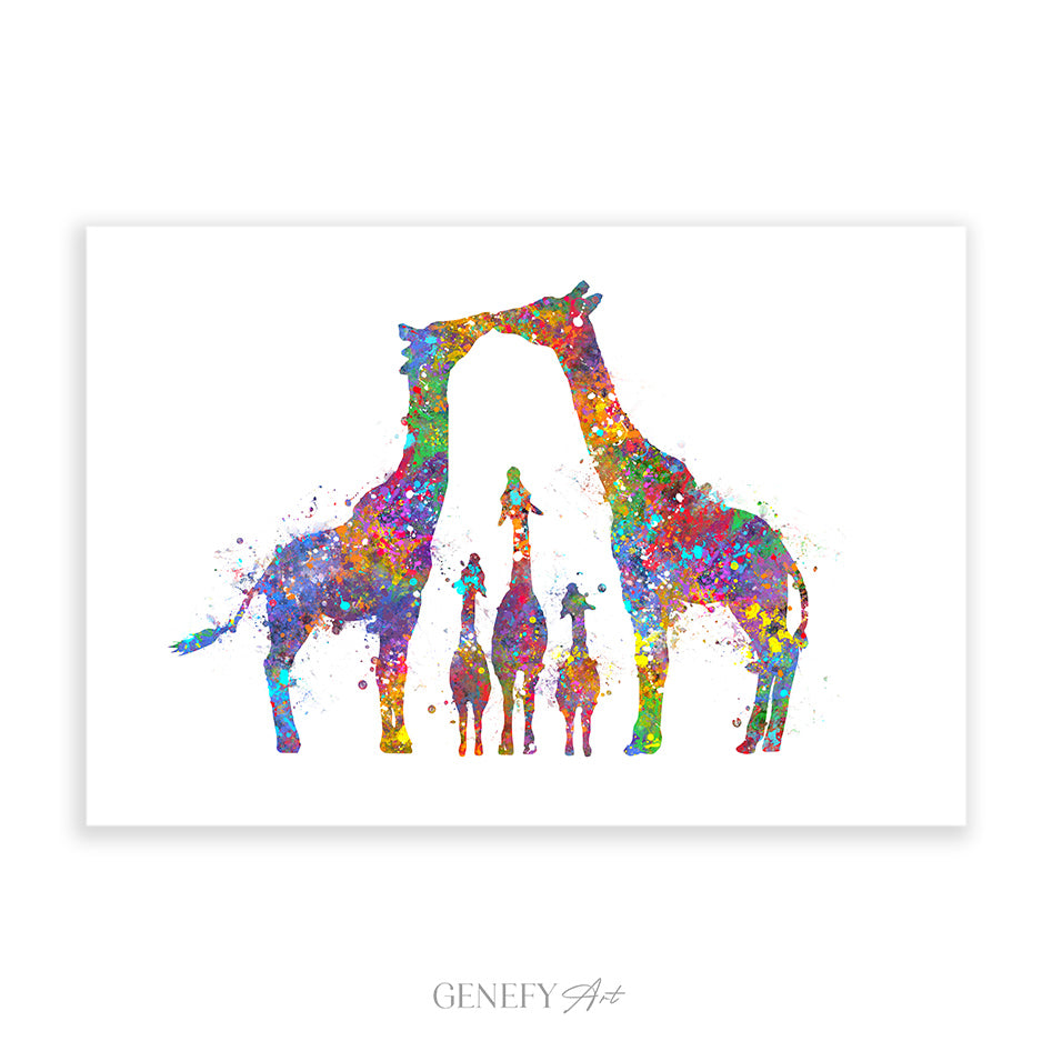 Giraffe Family of 5 Watercolour Art