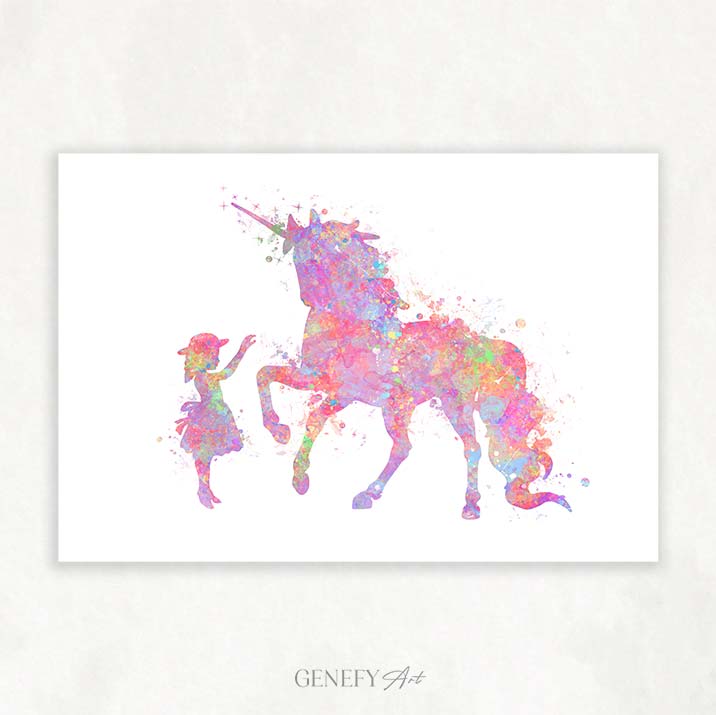 Little Girl and Unicorn Pink Watercolour Art