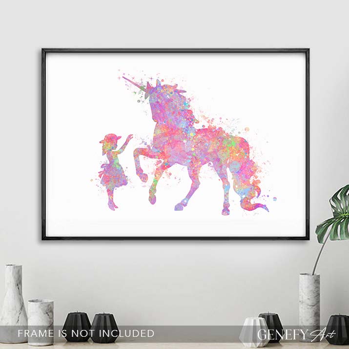 Little Girl and Unicorn Pink Watercolour Art