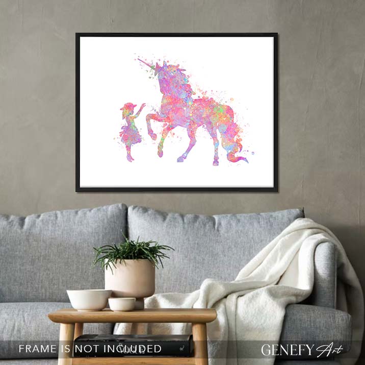 Little Girl and Unicorn Pink Watercolour Art