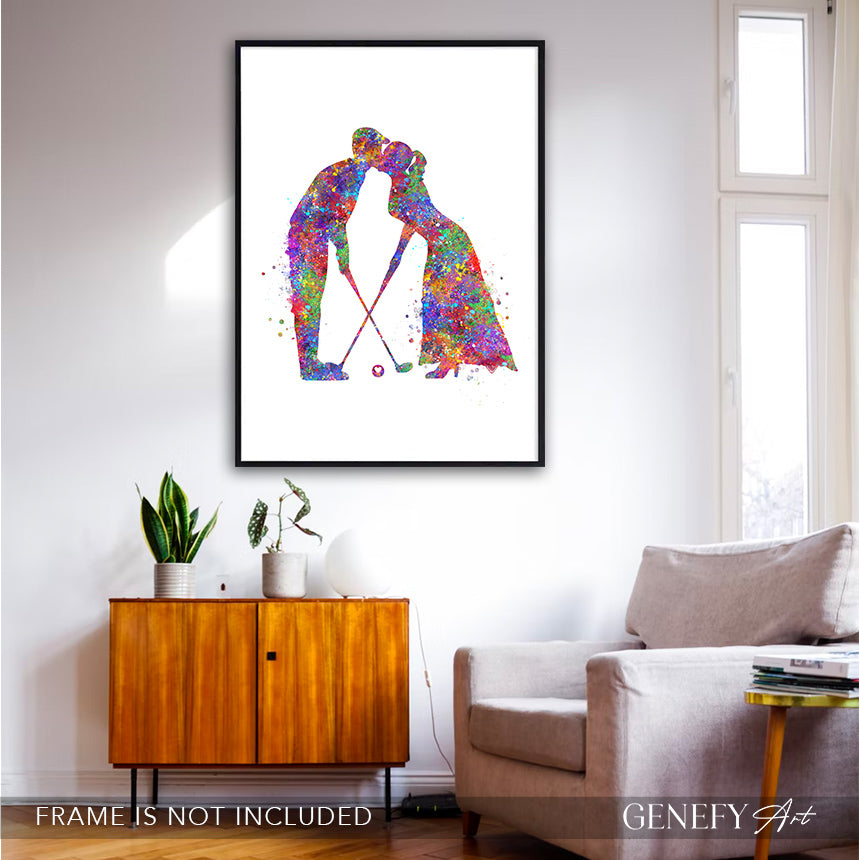 Golf Couple Watercolour Wall Art