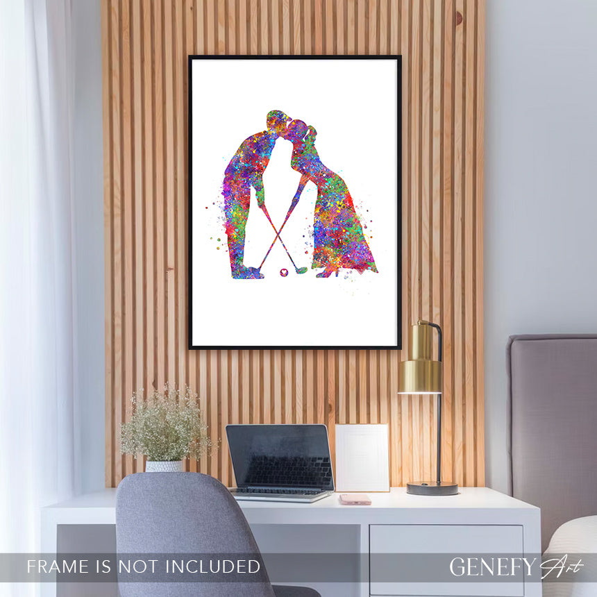 Golf Couple Watercolour Wall Art