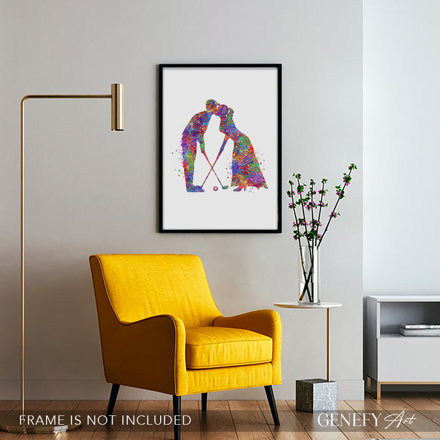 Golf Couple Watercolour Wall Art