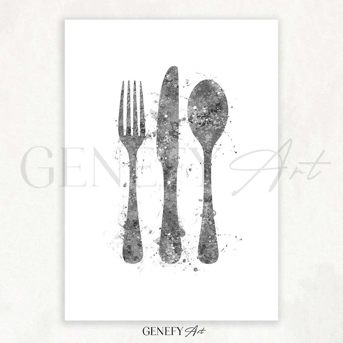 Grey Cutlery Watercolour Kitchen Print