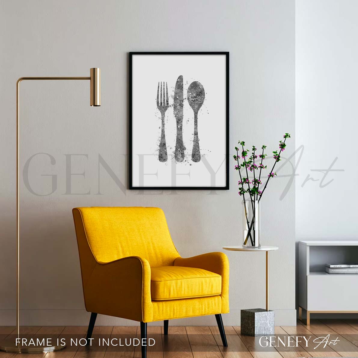 Grey Cutlery Watercolour Kitchen Print
