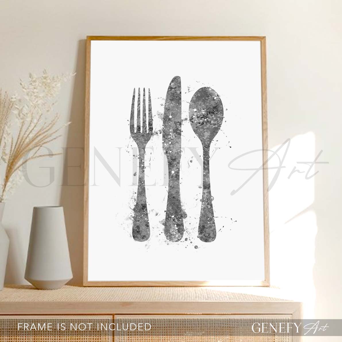 Grey Cutlery Watercolour Kitchen Print