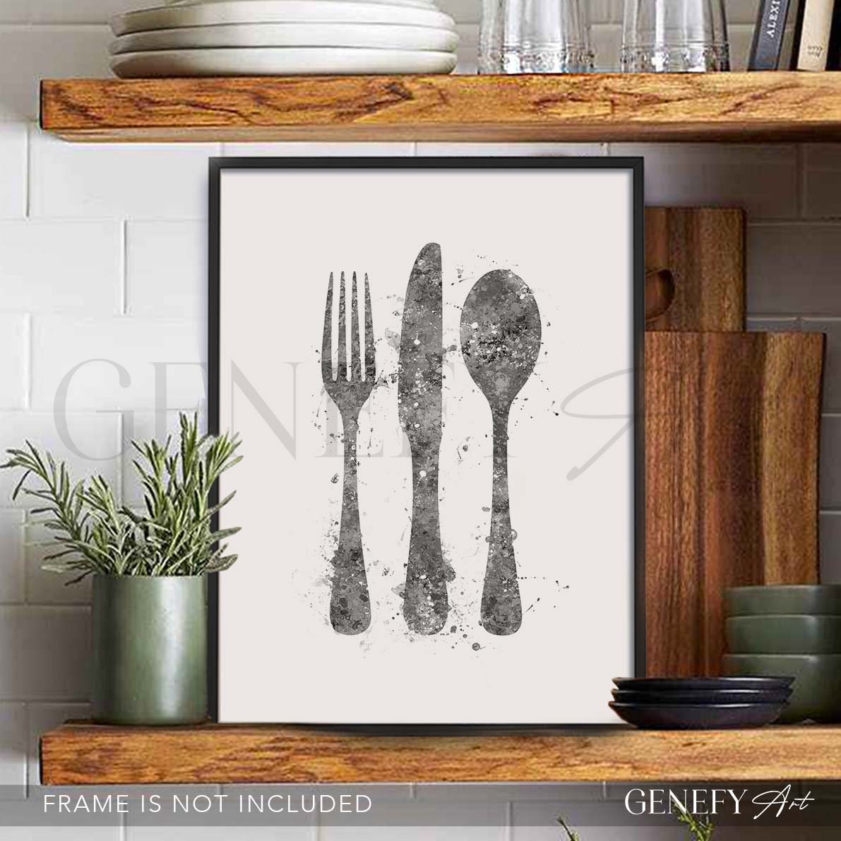 Grey Cutlery Watercolour Kitchen Print