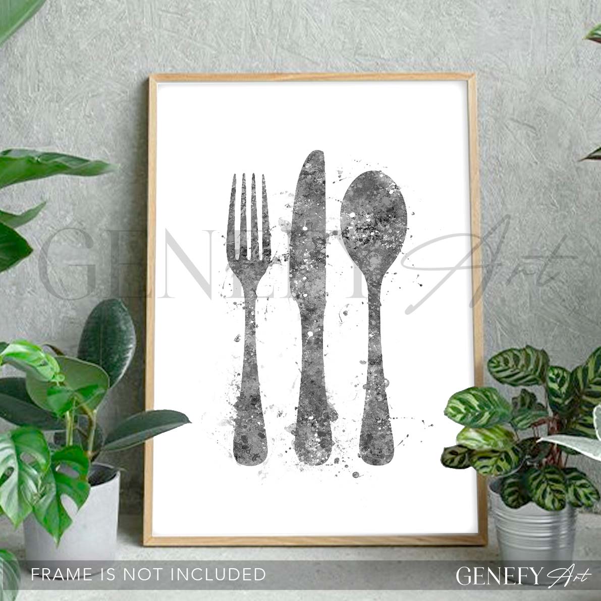 Grey Cutlery Watercolour Kitchen Print