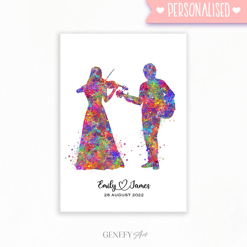 Personalised Guitarist and Violinist Watercolour Art Print