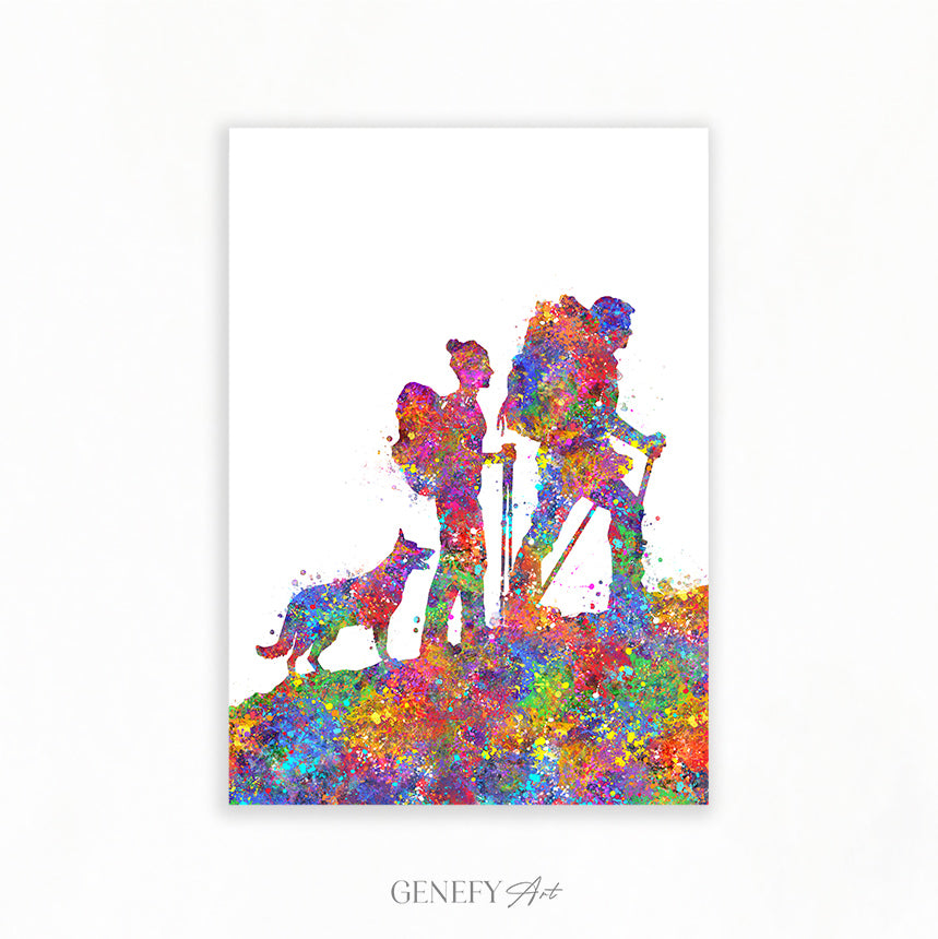 Couple Hiking with German Shepherd Watercolour Art