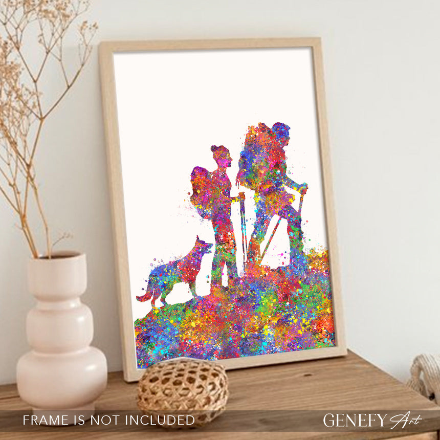 Couple Hiking with German Shepherd Watercolour Art