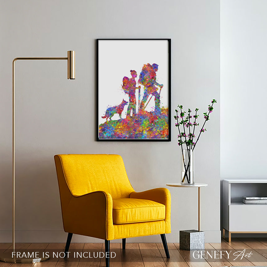 Couple Hiking with German Shepherd Watercolour Art