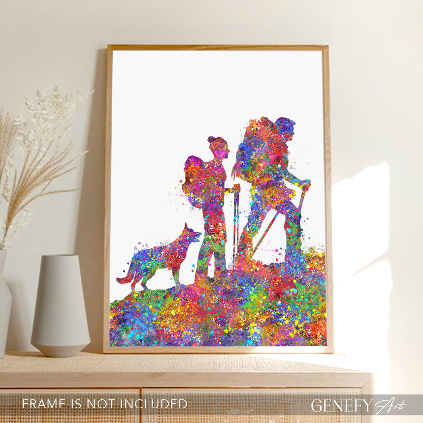 Couple Hiking with German Shepherd Watercolour Art