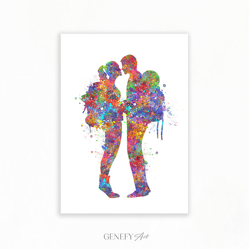 Couple Hiking Watercolour Art