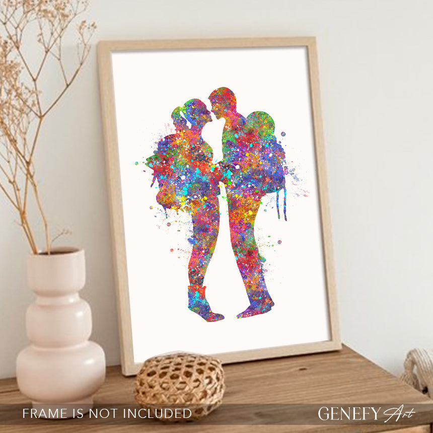 Couple Hiking Watercolour Art