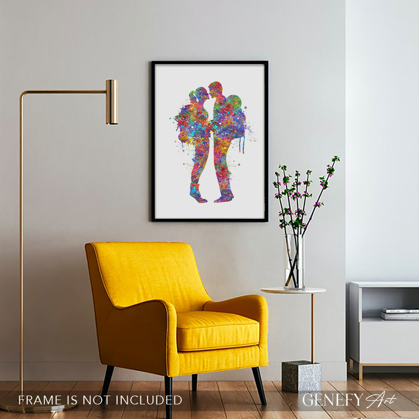 Couple Hiking Watercolour Art