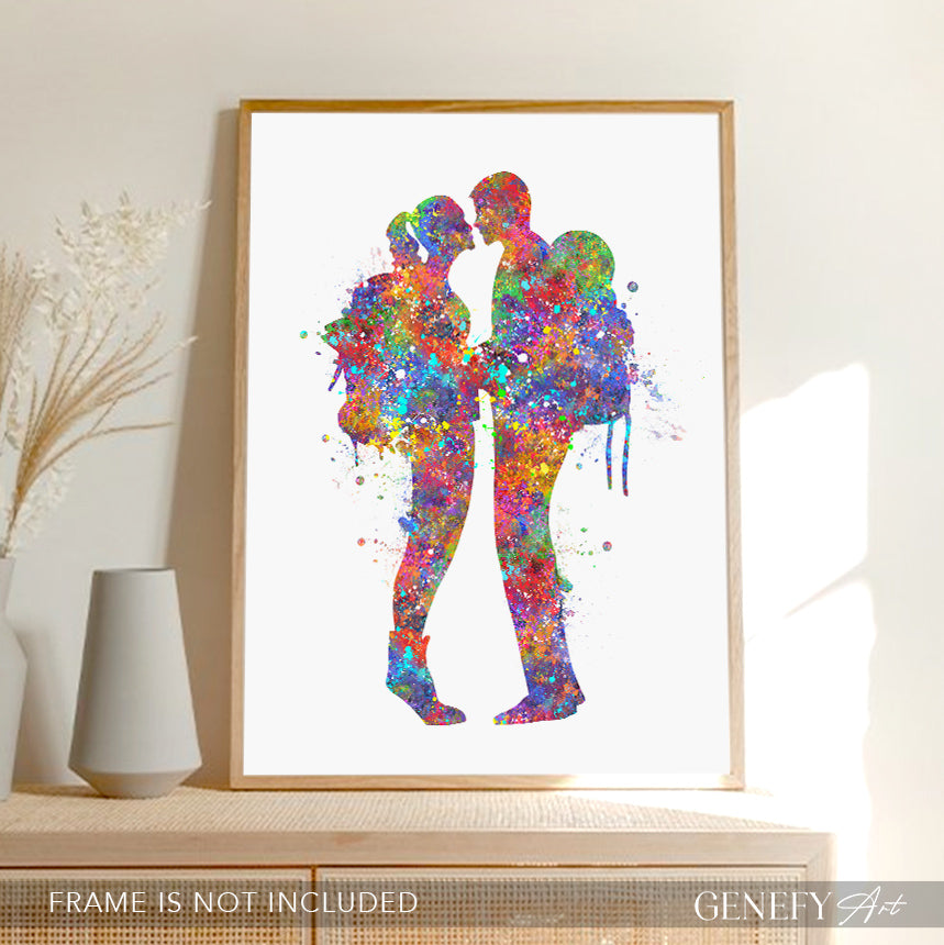 Couple Hiking Watercolour Art