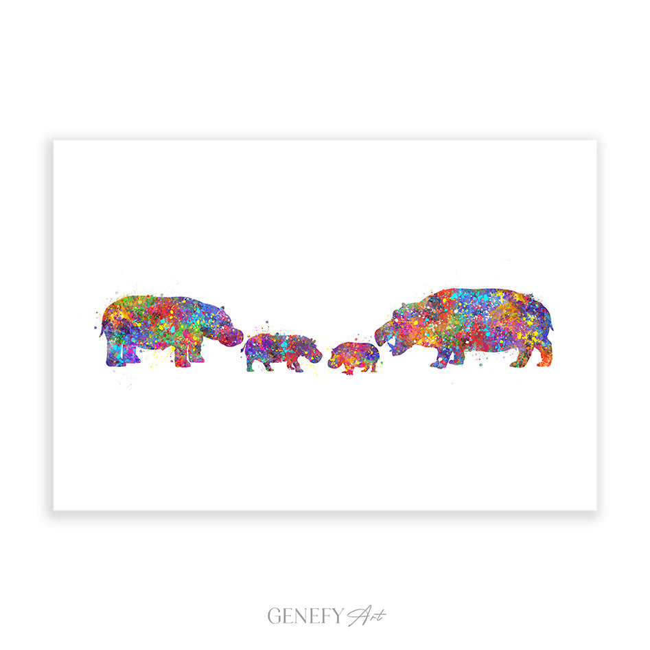 Hippo Family of 4 Watercolour Print