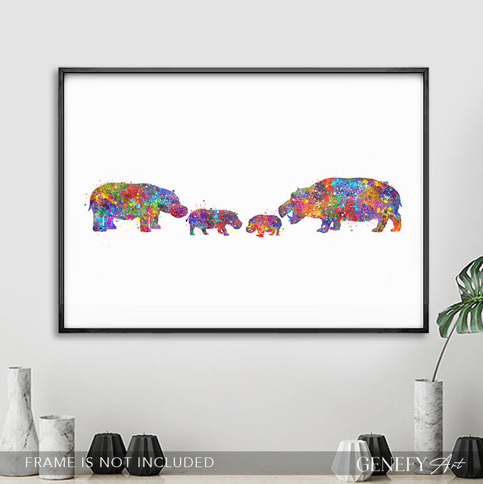 Hippo Family of 4 Watercolour Print