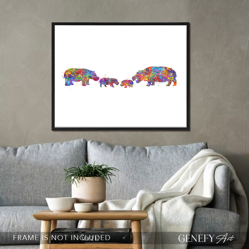 Hippo Family of 4 Watercolour Print