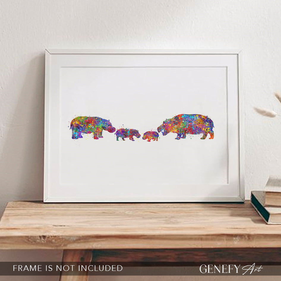 Hippo Family of 4 Watercolour Print
